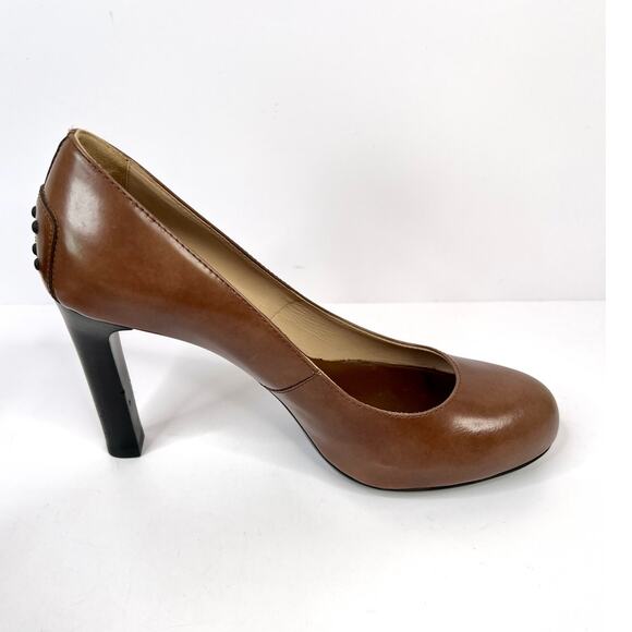 Tod's Size 5 (EU 35.5) Brown Leather 3.5 Heels With Black Studs Back of Heels - Picture 4 of 16